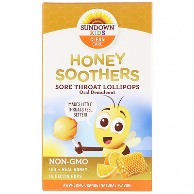 

Sundown Naturals Kids Honey Soothers, Sore Throat Lollipops, Aww-Some Orange, 10 Pectin Pops