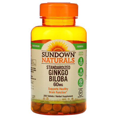 Sundown Naturals стандартизированный гинкго билоба, 60 мг, 200 таблеток