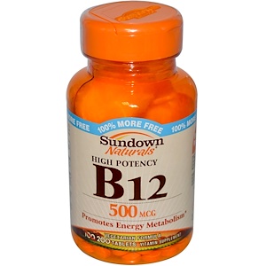 Sundown Naturals, B-12, высокоактивный, 500 мкг, 200 таблеток