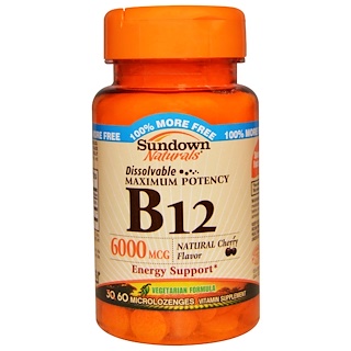 Sundown Naturals, Растворимый B12, со вкусом вишни, 6000 мкг, 60 микропастилок