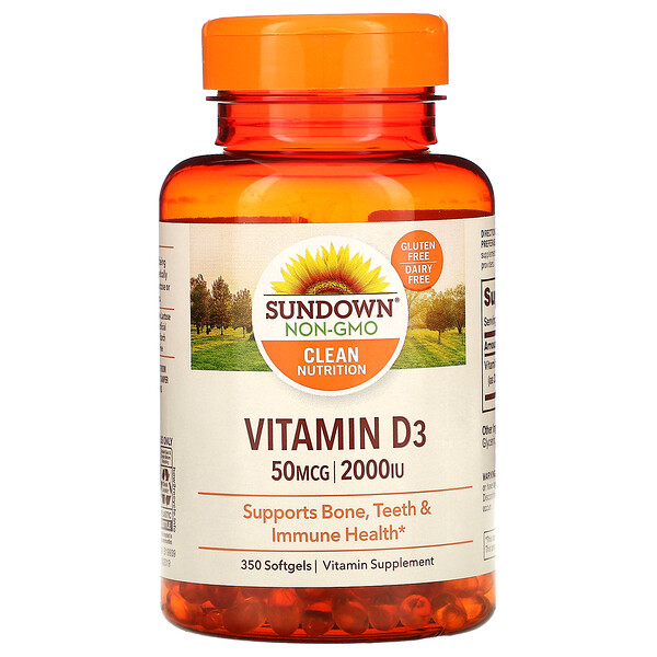 Sundown Naturals, Витамин D3, 50 мкг (2000 МЕ), 350 мягких таблеток