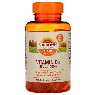 Sundown Naturals Витамин D3, 25 мкг (1000 МЕ), 400 мягких таблеток
