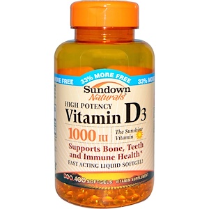 Sundown Naturals, Высокоэффективный витамин D3, 1000 МЕ, 400 гелевых капсул