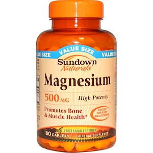 Sundown Naturals, Магний, 500 мг, 180 капсуловидных таблеток