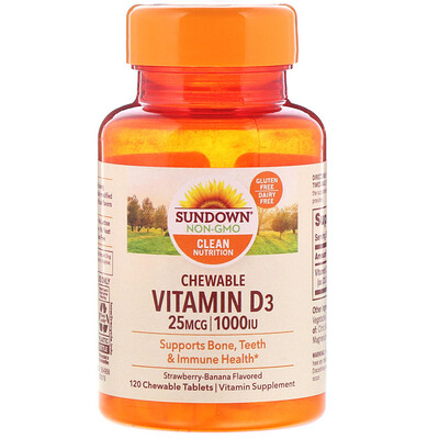 Sundown Naturals Жевательный витамин D3 со вкусом клубники и банана, 25 мг (1000 МЕ), 120 жевательных таблеток