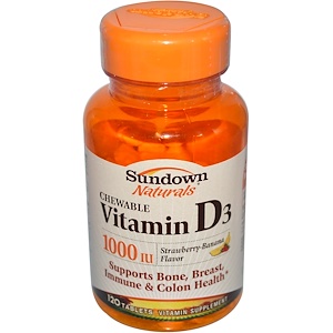 Sundown Naturals, Жевательный витамин D3, аромат клубники-банана, 1000 МЕ, 120 таблеток