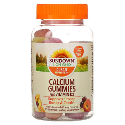Sundown Naturals Жевательные конфеты с кальцием, Плюс витамин D3, Персик, банан и вишня, 50 жевательных таблеток