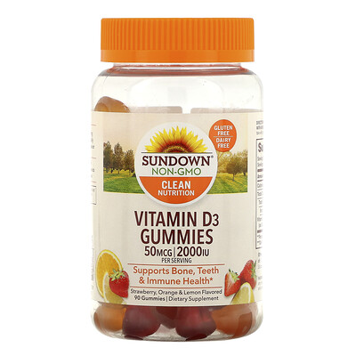 

Sundown Naturals Витамин D3, жевательные конфеты со вкусом клубники, апельсина и лимона, 50 мкг (2000 МЕ), 90 жевательных конфет