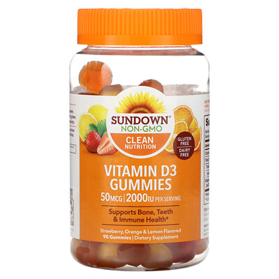 

Sundown Naturals жевательные конфеты с витамином D3, со вкусом клубники, апельсина и лимона, 25 мкг (1000 МЕ), 90 жевательных конфет