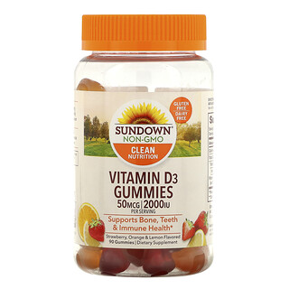 Sundown Naturals, علكات فيتامين د 3، بنكهة الفراولة والبرتقال والليمون، 25 مكجم (1,000 وحدة دولية)، 90 علكة