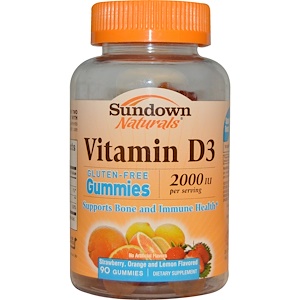 Sundown Naturals, Витамин D3, со вкусом клубники, апельсина и лимона, 2000 МЕ, 90 желейных витаминов