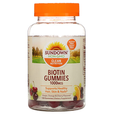 Sundown Naturals Biotin Gummies, Grape, Orange and Cherry Flavored, 1,000 mcg, 130 Gummies