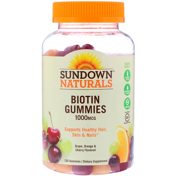 Sundown Naturals, Жевательные таблетки с биотином, виноград, апельсин и вишня, 1000 мкг, 130 жевательных таблеток