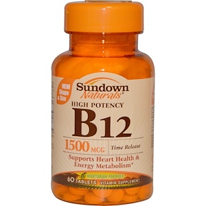 Sundown Naturals, Высокоактивный B12 с отсроченным высвобождением, 1500 мкг, 60 таблеток