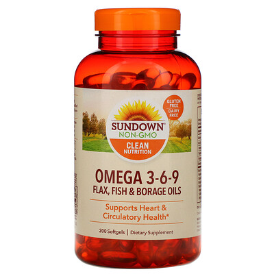 Sundown Naturals Omega 3-6-9 Flax, Fish & Borage Oils, 200 Softgels