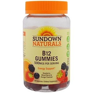 Sundown Naturals, Жевательные мармеладки B12, малина, ягодная смесь и апельсин, 500 мкг, 50 жевательных мармеладок