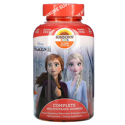 

Sundown Naturals Kids Disney Frozen II, полный комплекс мультивитаминов в жевательных таблетках, со вкусом натуральной клубники, арбуза и малины, 180 жевательных мармеладок