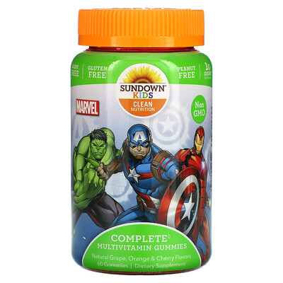 

Sundown Naturals Kids, Complete Multivitamin Gummies, Marvel Avengers, Natural Grape, Orange & Cherry , 60 Gummies