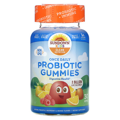 

Sundown Naturals Kids Kids Probiotic Gummies, Natural Pineapple, Raspberry & Orange, 2 Billion Live Cultures, 30 Gummies