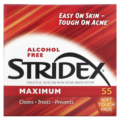 Stridex Одношаговое средство от угрей, максимальная сила, без спирта, 55 мягких салфеток