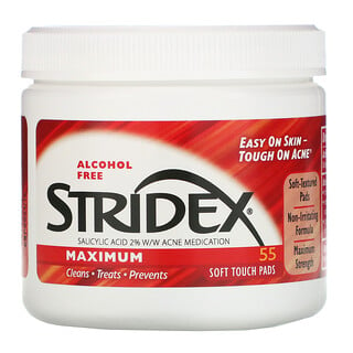 Stridex, Одношаговое средство от угрей, максимальная сила, без спирта, 55 мягких салфеток