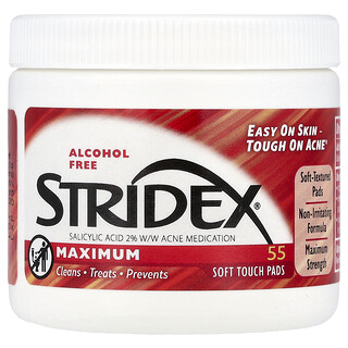 Stridex, Control del acné en un solo paso, máximo, sin alcohol, 55 toallitas suaves