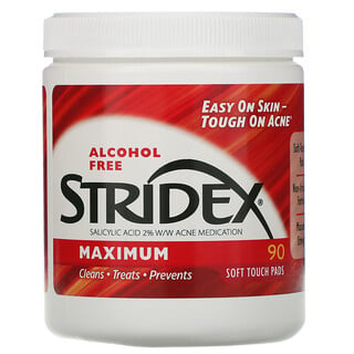 Stridex, Contrôle de l'acné en une étape, Maximum, sans alcool, 90 lingettes douceur