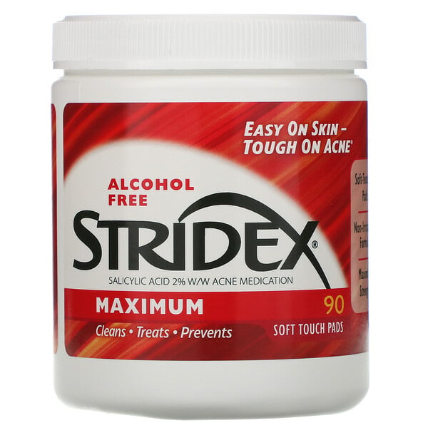 Stridex, נוגדי אקנה חד פעמיים, מקסימליים, ללא אלכוהול, 90 מגבונים רכים