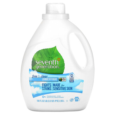 Seventh Generation, Laundry Detergent, Free & Clear, 66 Loads, 100 fl oz (2.95 L)