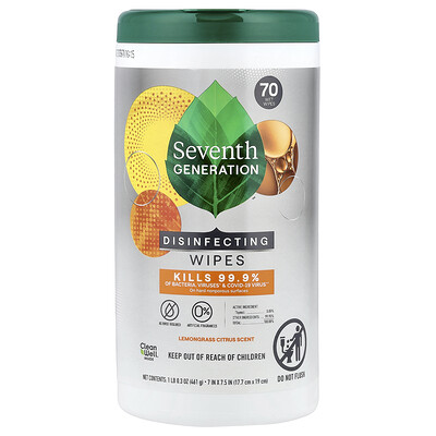 Seventh Generation, Toallitas desinfectantes, Limoncillo y cítricos, 70 toallitas húmedas, 461 g (1 lb 0,3 oz)
