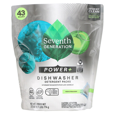 Купить Seventh Generation Power +, пакеты с моющим средством для посудомоечной машины, свежие цитрусовые, 43 упаковки, 774 г (1, 7 фунта)