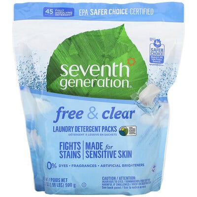 Seventh Generation Пакеты с моющим средством для стирки, бесплатные и прозрачные, 45 упаковок, 31,7 унции (1,98 фунта)