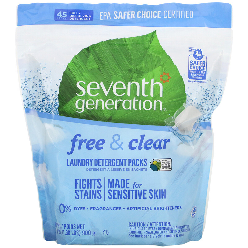 Seventh Generation, Laundry Detergent Packs, Free & Clear, 45 Packs, 1.