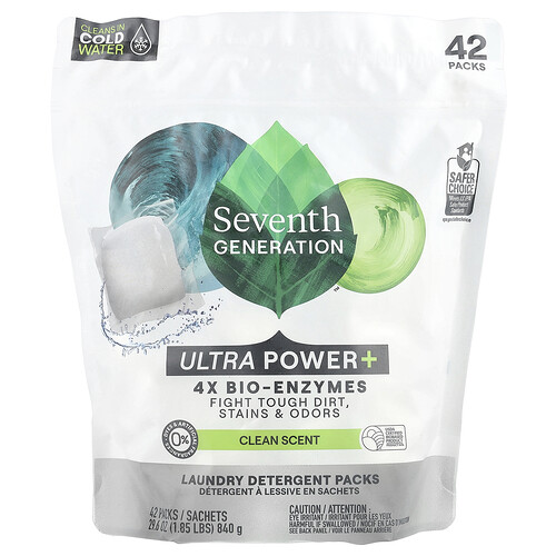 Seventh Generation Laundry Detergent Packs, Ultra Power +, Clean Scent, 42 Packs, 29.6 oz (840 g)