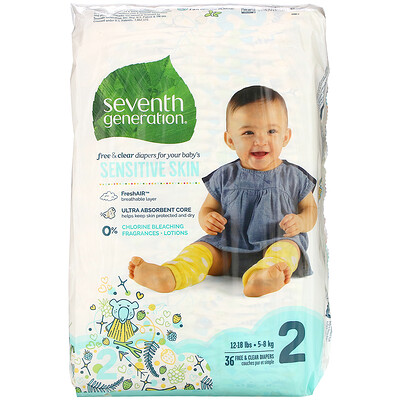 Seventh Generation Free & Clear Diapers, Size 2, 12-18 lbs, 36 Diapers