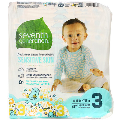 Seventh Generation Free & Clear Diapers, Size 3, 16-24 lbs, 31 Diapers