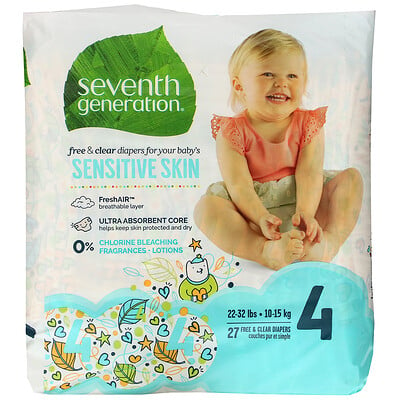 Seventh Generation Free & Clear Diapers, Size 4, 22-32 lbs, 27 Diapers