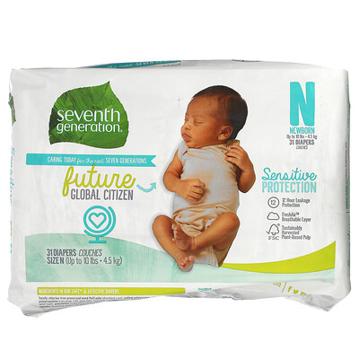 

Seventh Generation, Sensitive Protection Diapers, Size N, Up to 10 lbs, 31 Diapers