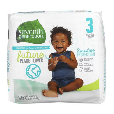 

Seventh Generation, Sensitive Protection Diapers, Size 3, 16- 21 lbs, 27 Diapers