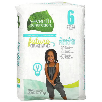 Seventh Generation Sensitive Protection Diapers, Size 6, 35+ lbs, 17 Diapers