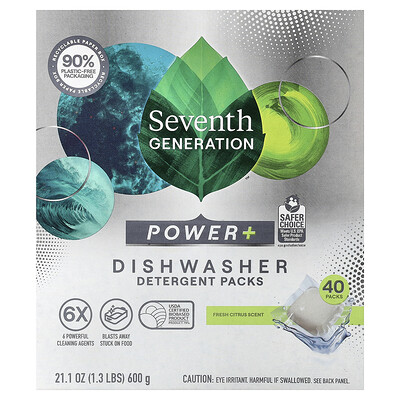 Product Image for Seventh Generation, Power+ Dishwasher Detergent Packs, Fresh Citrus, 40 Packs, 21.1 oz (600 g)