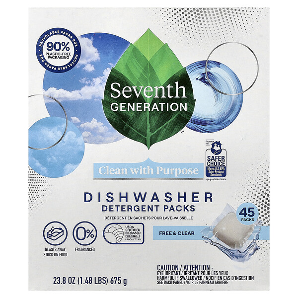 Seventh Generation Dishwasher Detergent Packs, Free & Clear, 45 Packs, 23.8 oz (675 g)