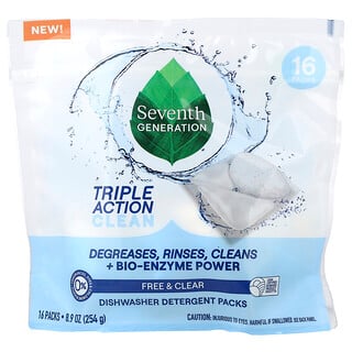 Seventh Generation, Packs de détergent pour lave-vaisselle, Free & Clear, 16 sachets, 254 g