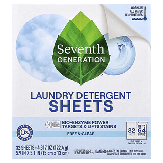 Seventh Generation, Detergente para la ropa en láminas, Free & Clear, 32 láminas, 122,4 g (4,317 oz)