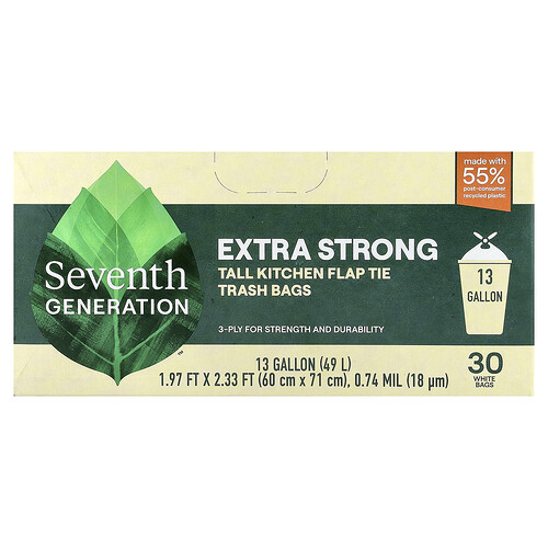 Seventh Generation, Kitchen Flap Tie Trash Bags, Tall , 30 White Bags, 13 Gallon