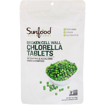 Sunfood Broken Cell Wall Chlorella Tablets, 250 mg, 456 Tablets, 4 oz (113 g)
