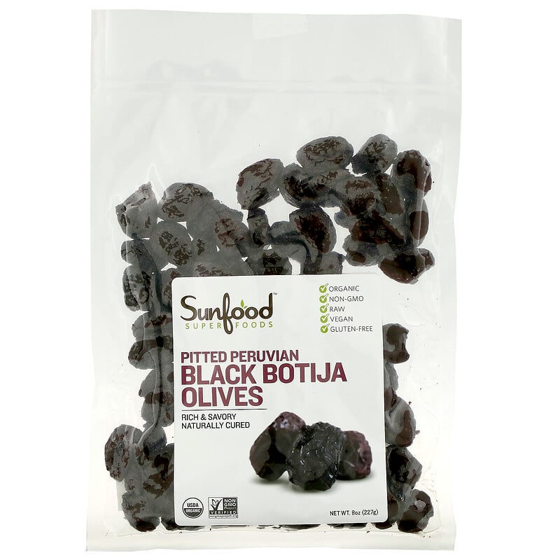 Sunfood, Olives noires Botija du Pérou dénoyautées, 8 oz (227 g)