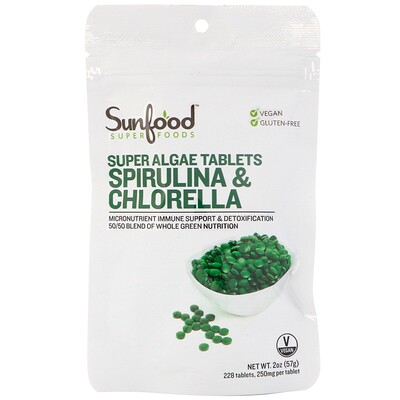 Sunfood спирулина и хлорелла, таблетки с суперводорослями, 225 таблеток