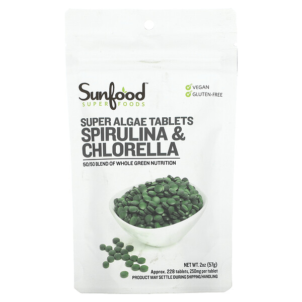 Sunfood, Spirulina & Chlorella, Super Algae Tablets, 250 mg, Approx