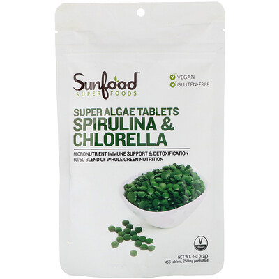 Sunfood спирулина и хлорелла, таблетки с суперводорослями, 250 мг, 456 таблеток